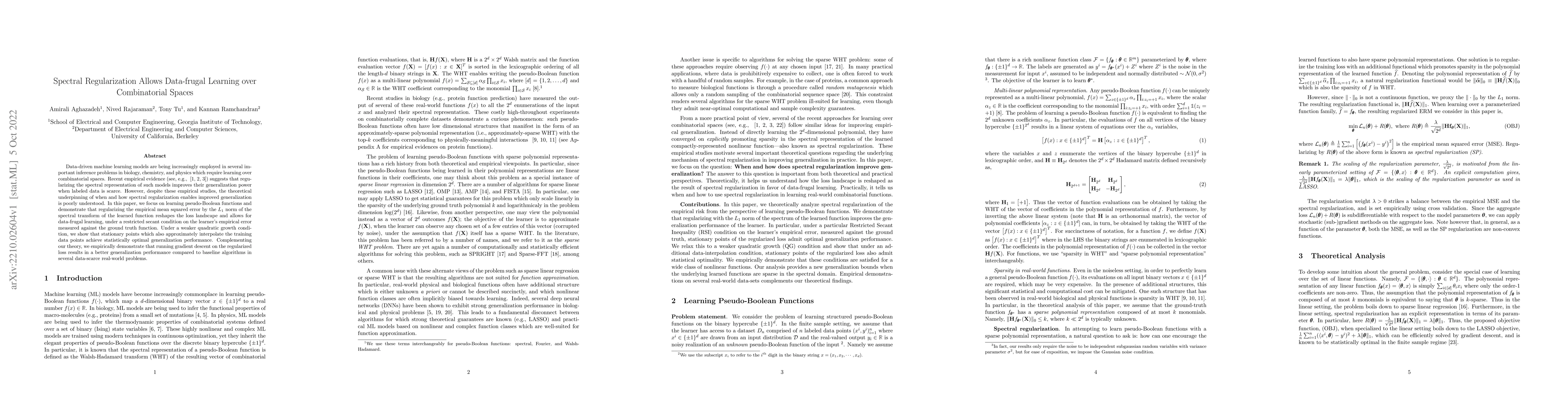 Thumbnail for Spectral Regularization Allows Data-frugal Learning over Combinatorial
  Spaces