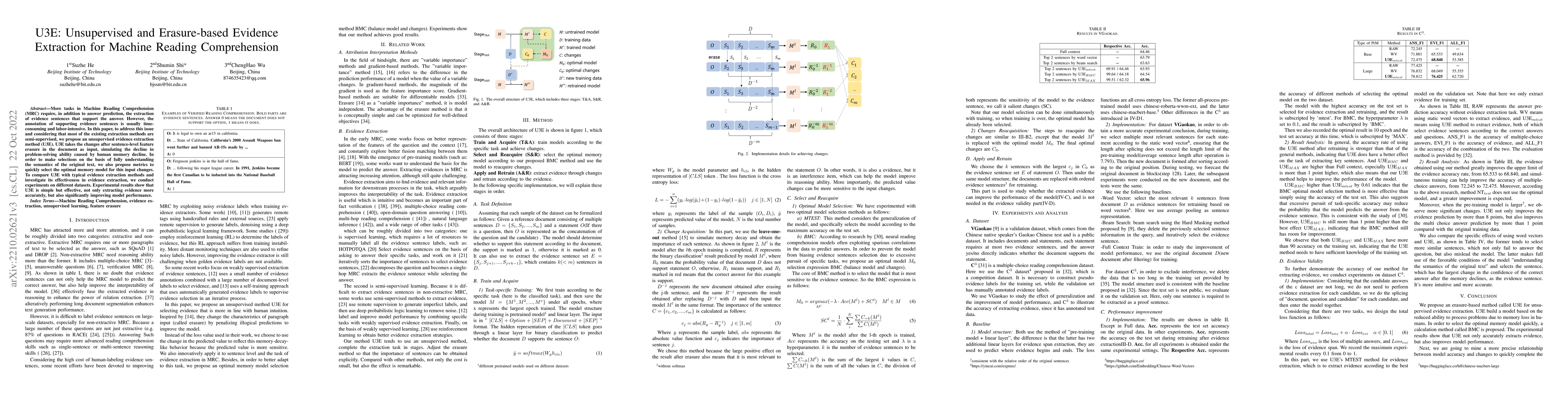 Thumbnail for U3E: Unsupervised and Erasure-based Evidence Extraction for Machine
  Reading Comprehension