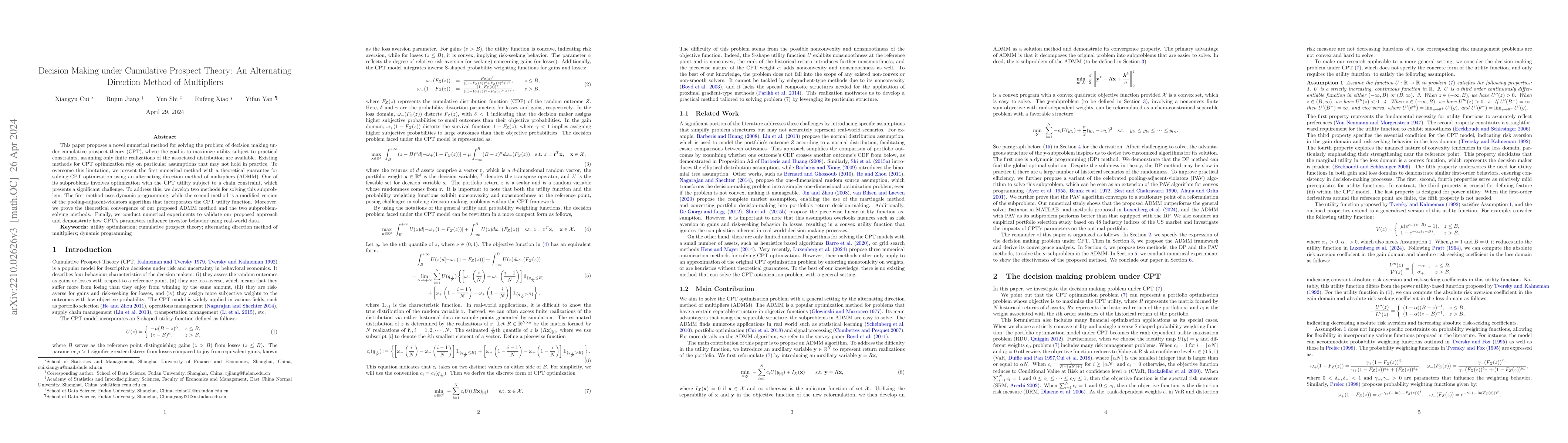 Thumbnail for Decision Making under Cumulative Prospect Theory: An Alternating
  Direction Method of Multipliers
