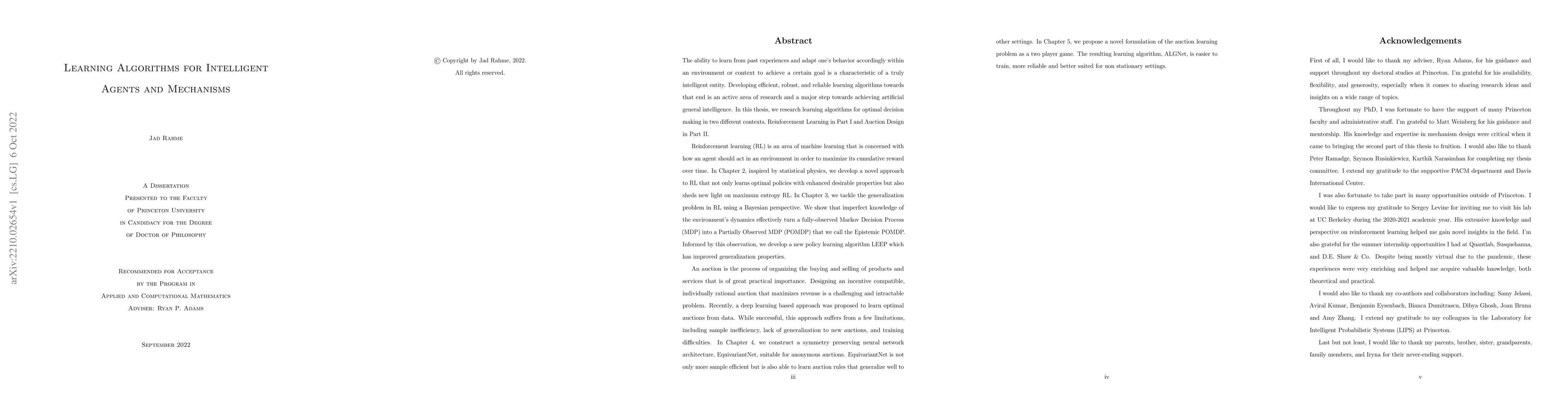 Thumbnail for Learning Algorithms for Intelligent Agents and Mechanisms