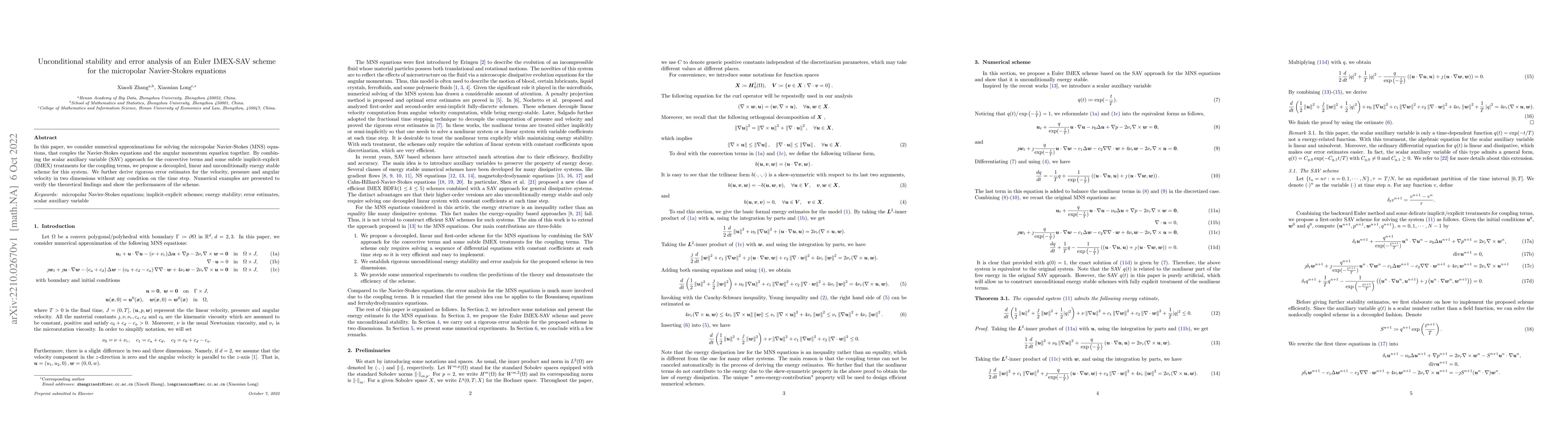 Thumbnail for Unconditional stability and error analysis of an Euler IMEX-SAV scheme
  for the micropolar Navier-Stokes equations