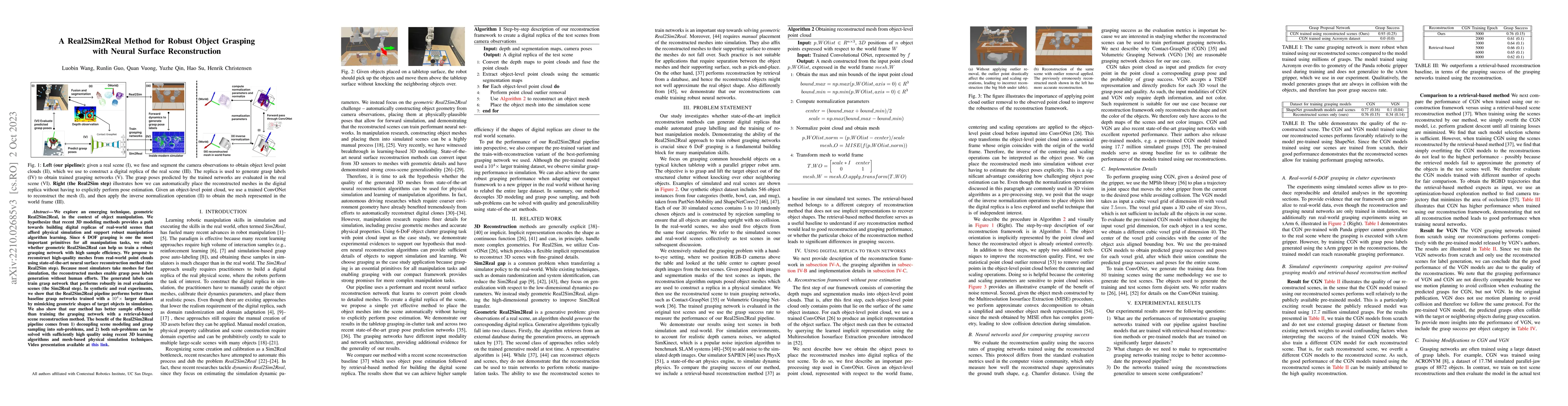 Thumbnail for A Real2Sim2Real Method for Robust Object Grasping with Neural Surface
  Reconstruction