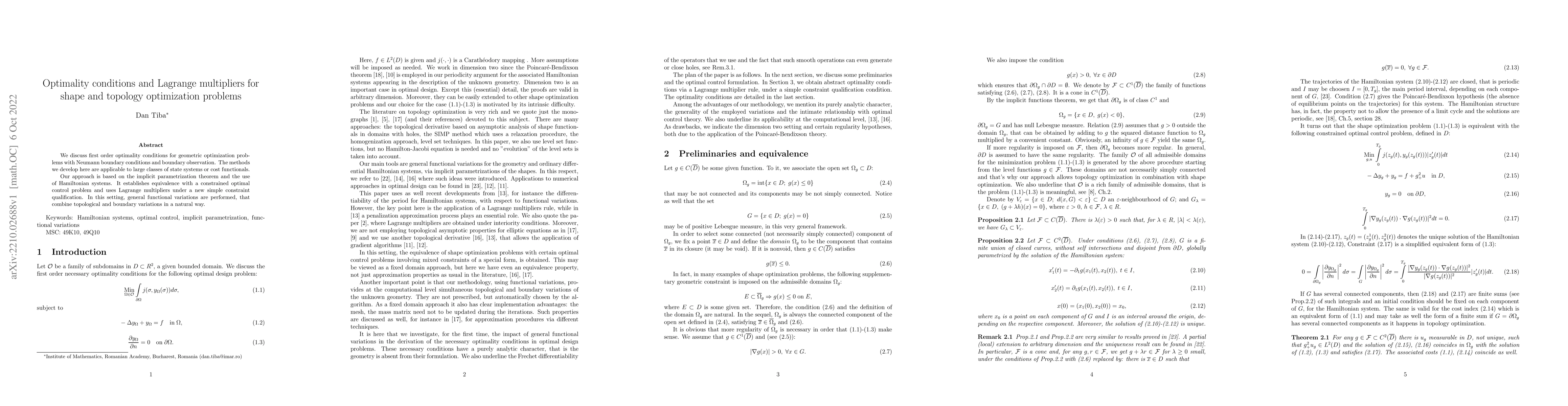 Thumbnail for Optimality conditions and Lagrange multipliers for shape and topology
  optimization problems