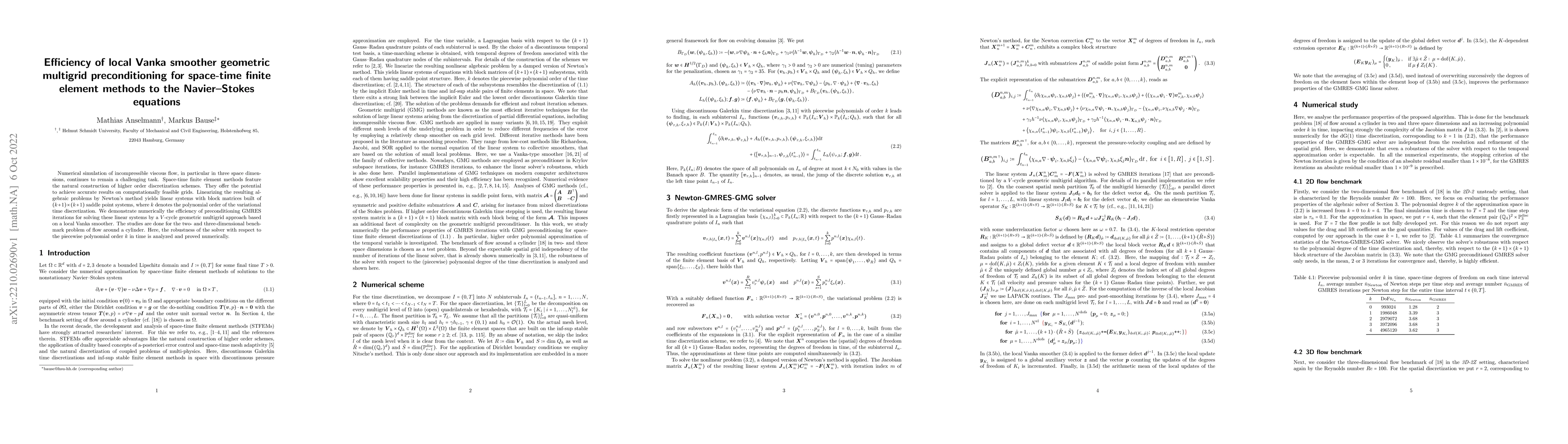 Thumbnail for Efficiency of local Vanka smoother geometric multigrid preconditioning
  for space-time finite element methods to the Navier-Stokes equations