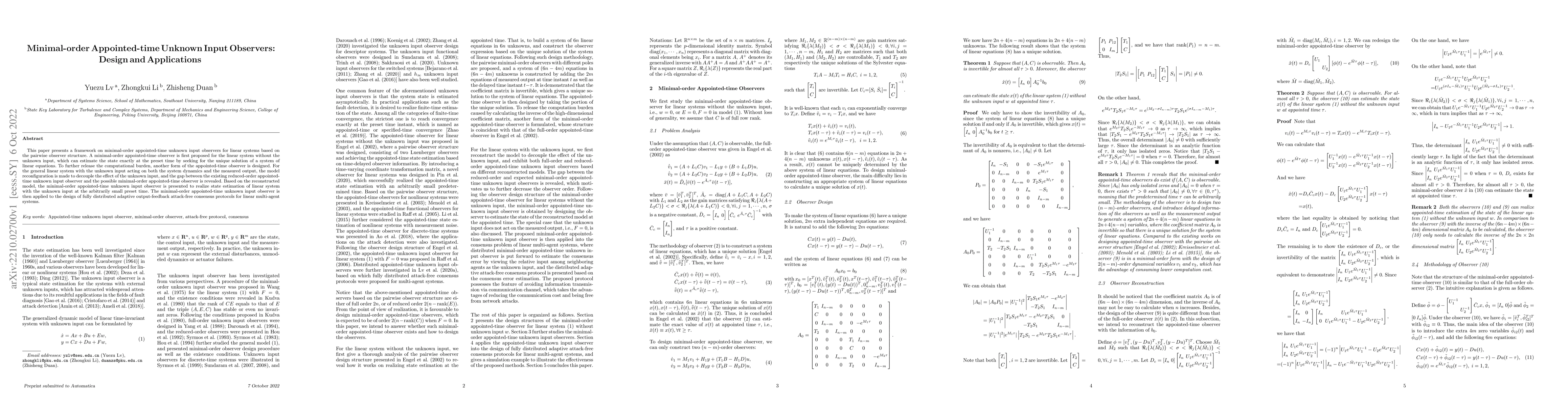 Thumbnail for Minimal-order Appointed-time Unknown Input Observers: Design and
  Applications