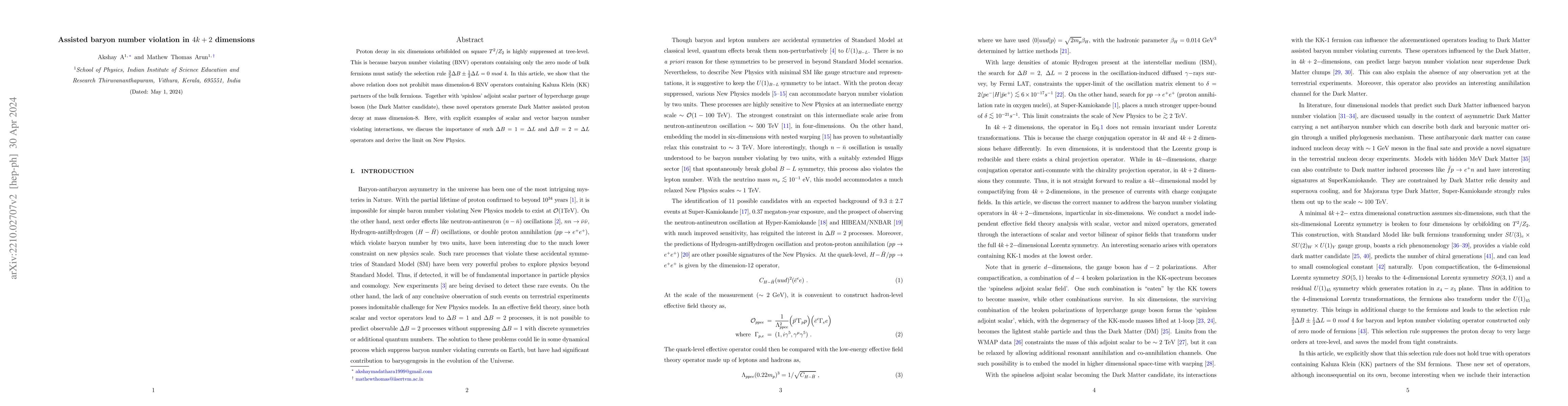 Thumbnail for Assisted baryon number violation from $4k+2$ dimensions