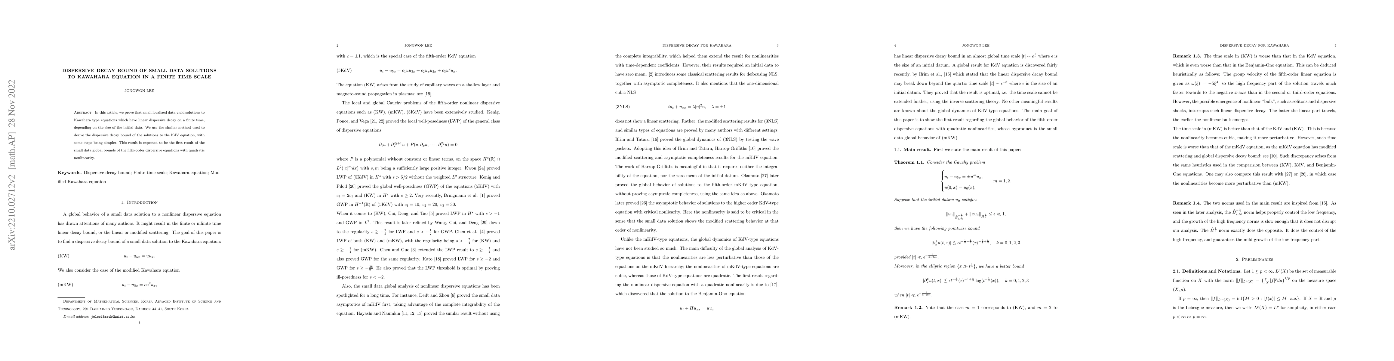Thumbnail for Dispersive Decay Bound of Small Data Solutions to Kawahara Equation in a
  Finite Time Scale