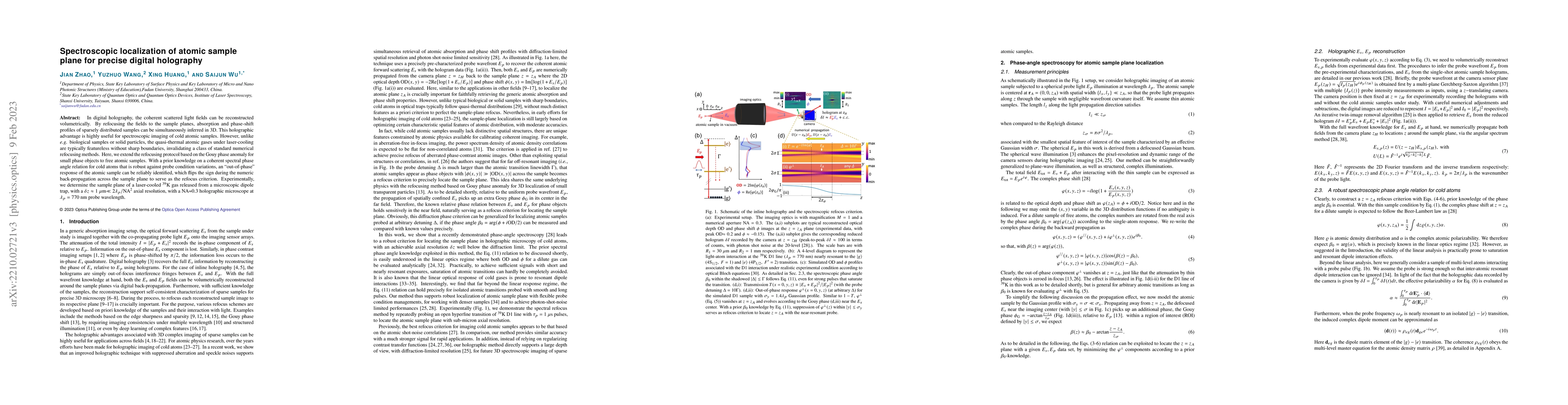 Thumbnail for Spectroscopic localization of atomic sample plane for precise digital
  holography