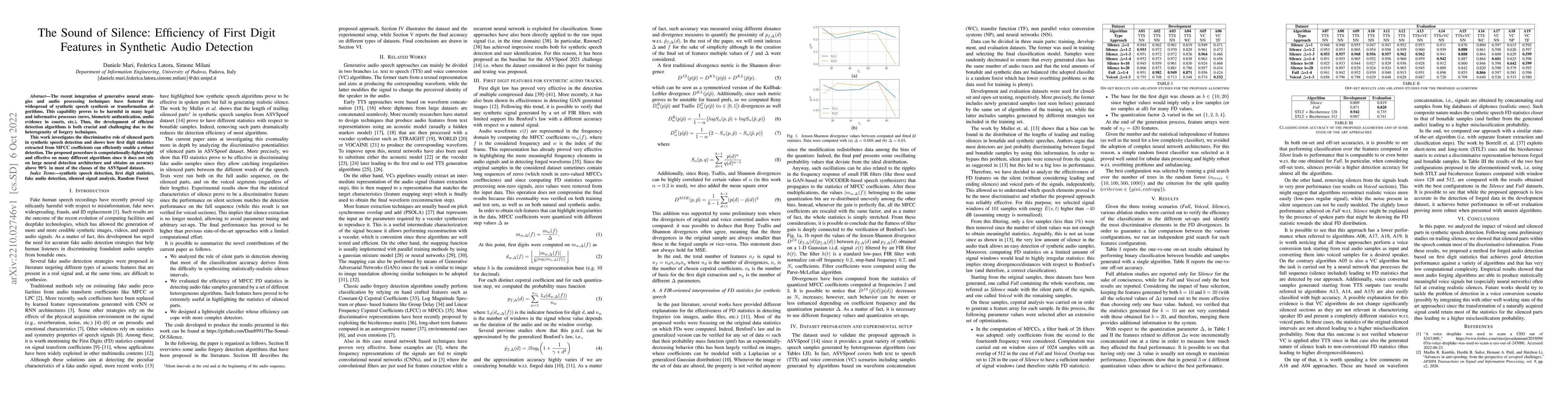 Thumbnail for The Sound of Silence: Efficiency of First Digit Features in Synthetic
  Audio Detection