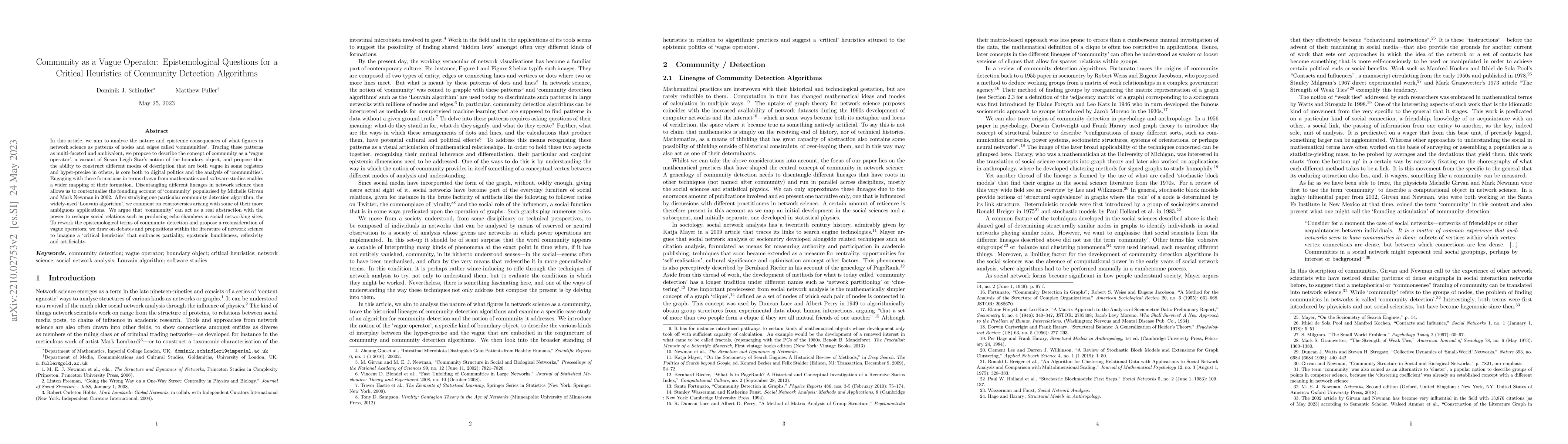 Thumbnail for Community as a Vague Operator: Epistemological Questions for a Critical
  Heuristics of Community Detection Algorithms
