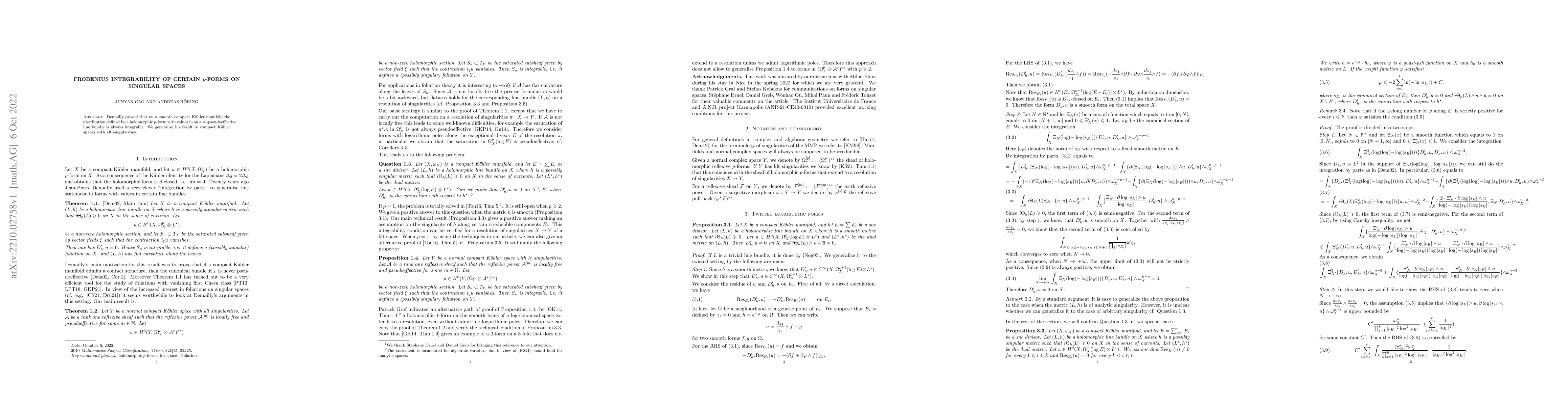 Thumbnail for Frobenius integrability of certain $p$-forms on singular spaces