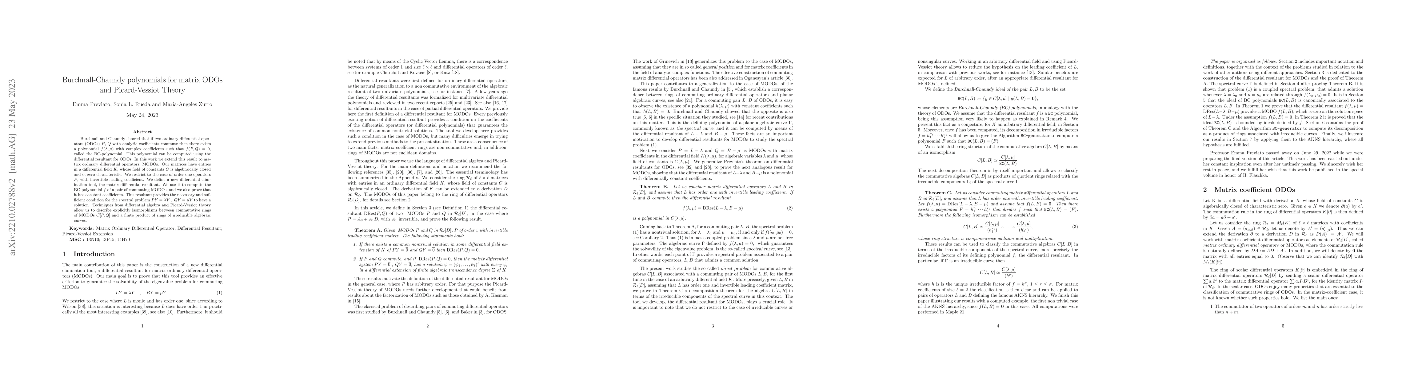 Thumbnail for Burchnall-Chaundy polynomials for matrix ODOs and Picard-Vessiot Theory