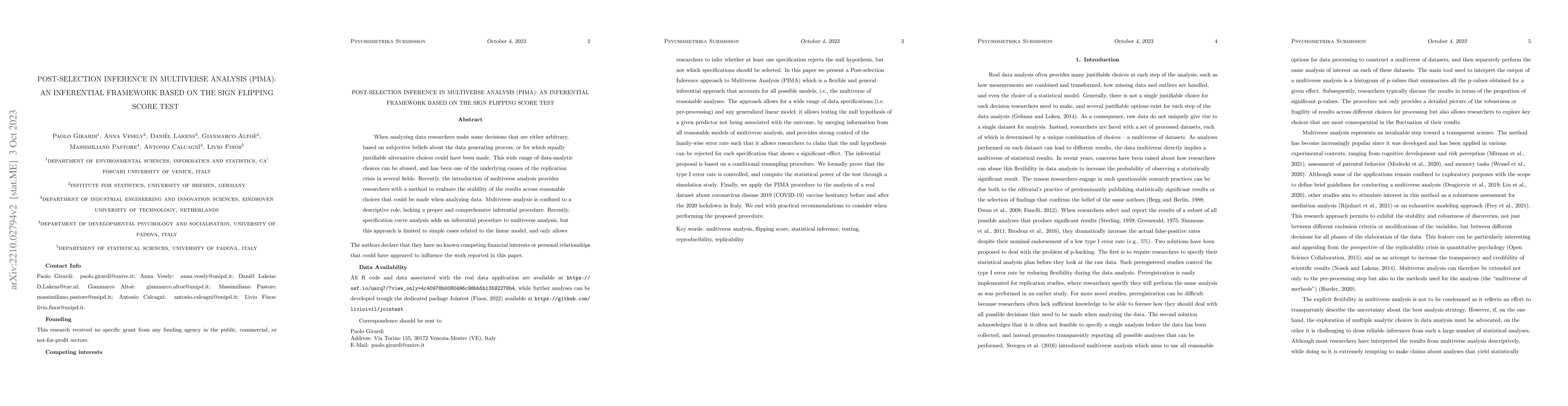Thumbnail for Post-selection Inference in Multiverse Analysis (PIMA): an inferential
  framework based on the sign flipping score test
