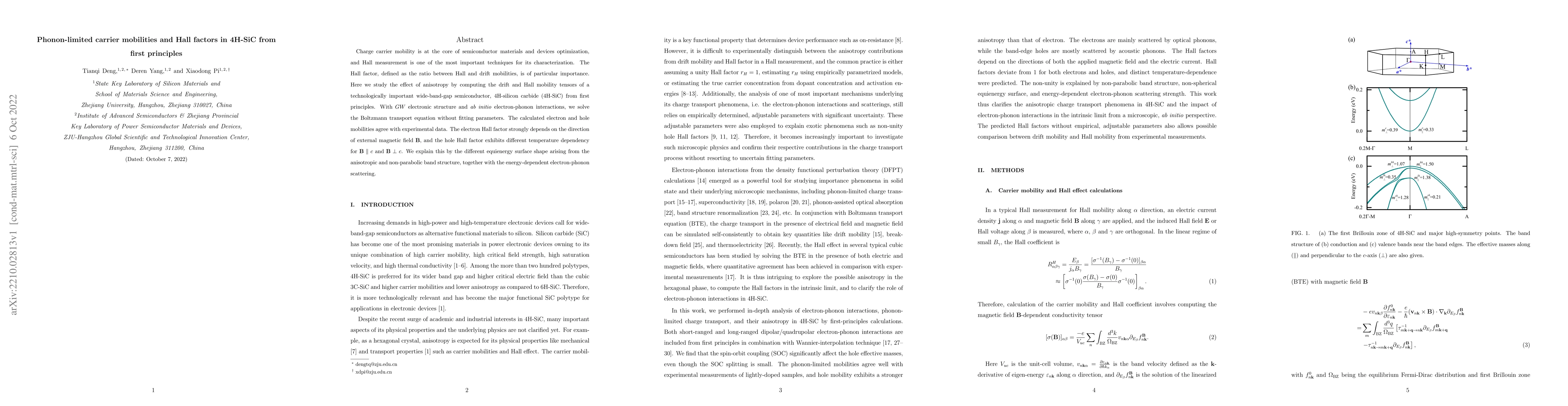 Thumbnail for Phonon-limited carrier mobilities and Hall factors in 4H-SiC from first
  principles