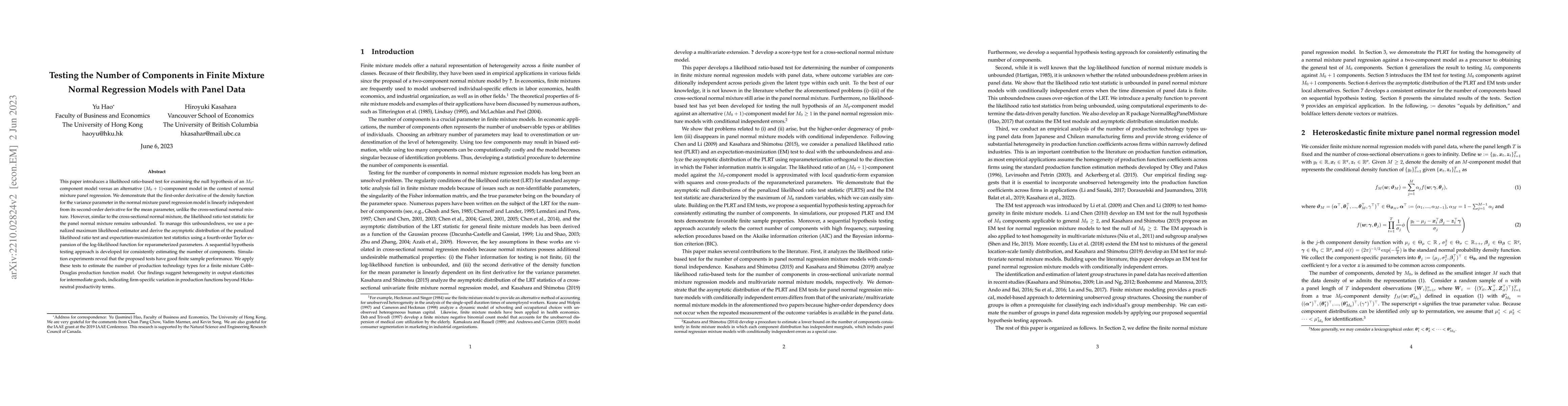 Thumbnail for Testing the Number of Components in Finite Mixture Normal Regression
  Model with Panel Data