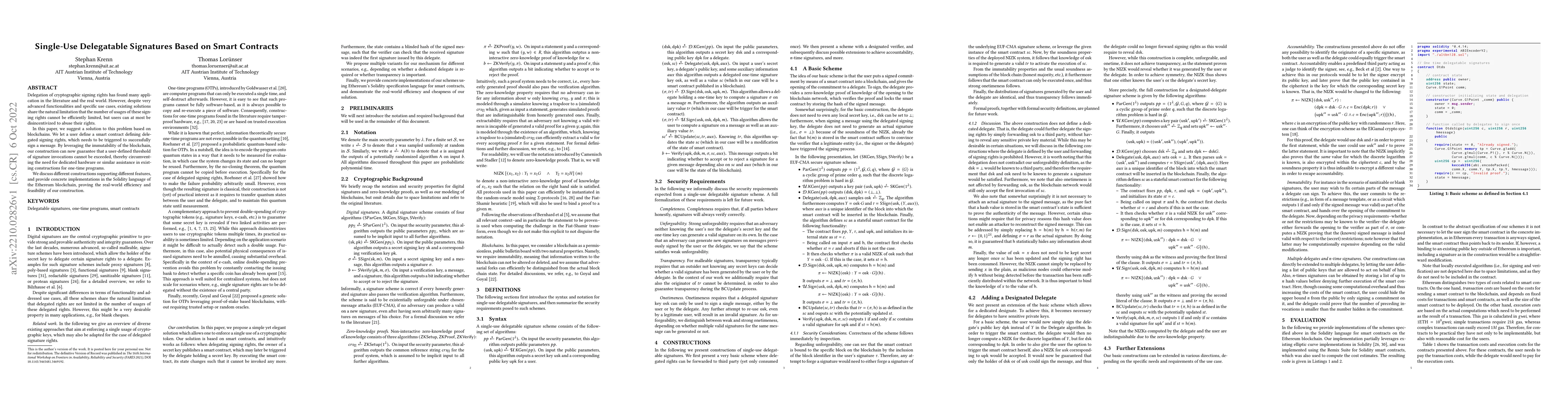 Thumbnail for Single-Use Delegatable Signatures Based on Smart Contracts