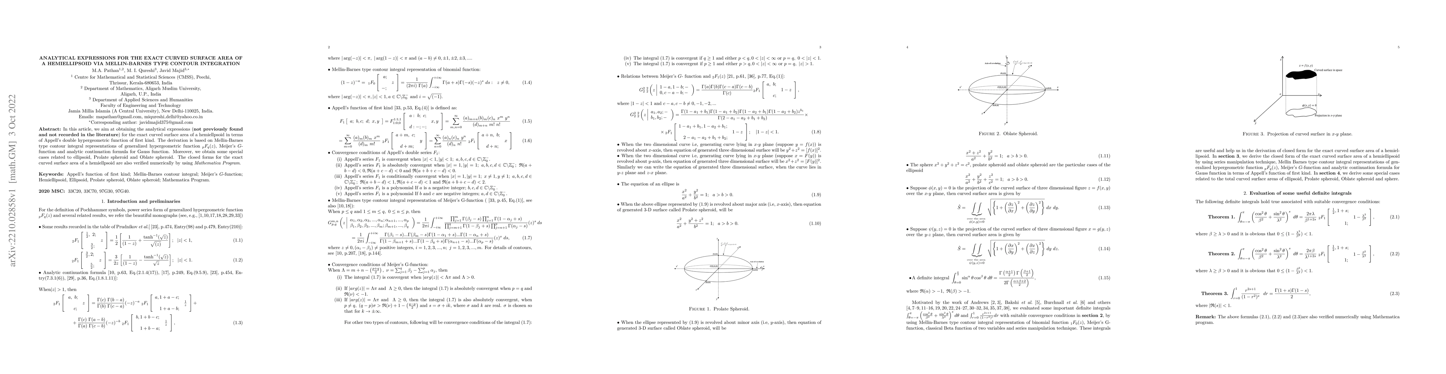 Thumbnail for Analytical expressions for the exact curved surface area of a
  hemiellipsoid via Mellin-Barnes type contour integration
