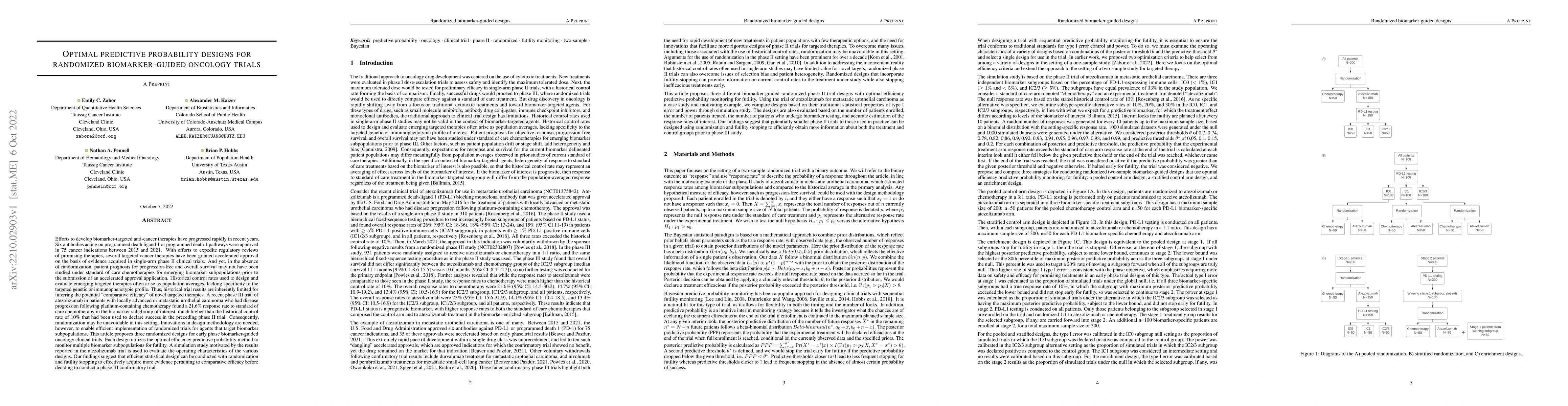 Thumbnail for Optimal predictive probability designs for randomized biomarker-guided
  oncology trials