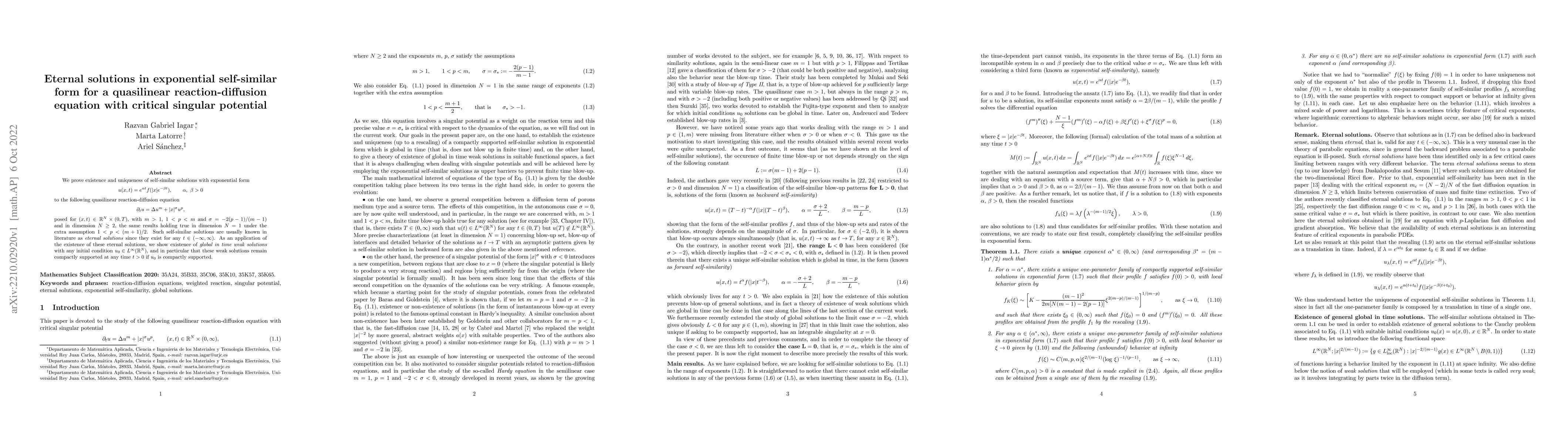 Thumbnail for Eternal solutions in exponential self-similar form for a quasilinear
  reaction-diffusion equation with critical singular potential