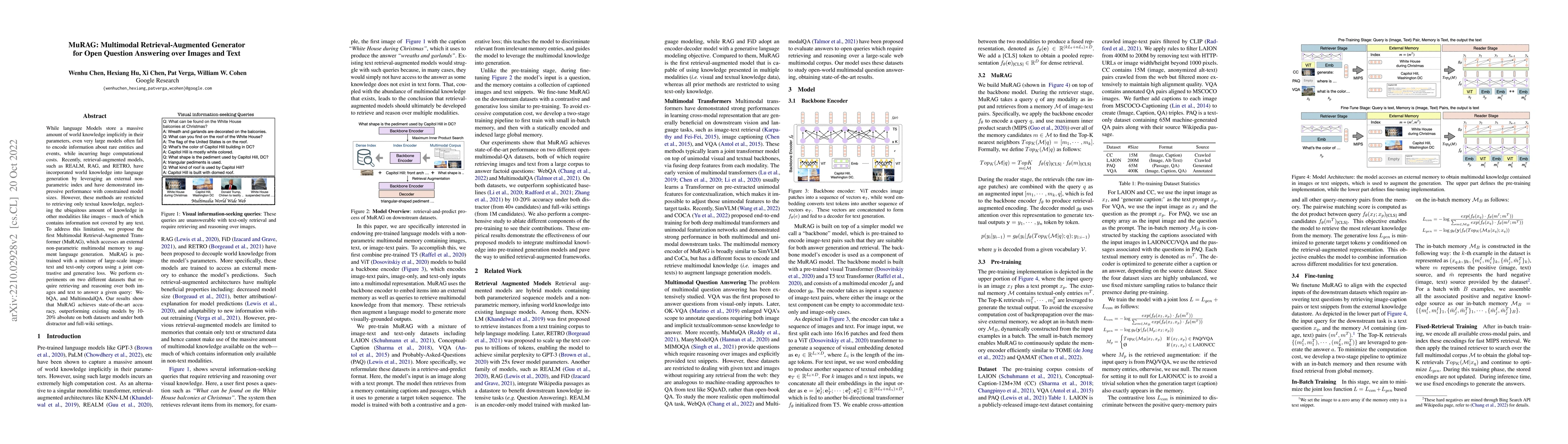 Thumbnail for MuRAG: Multimodal Retrieval-Augmented Generator for Open Question
  Answering over Images and Text
