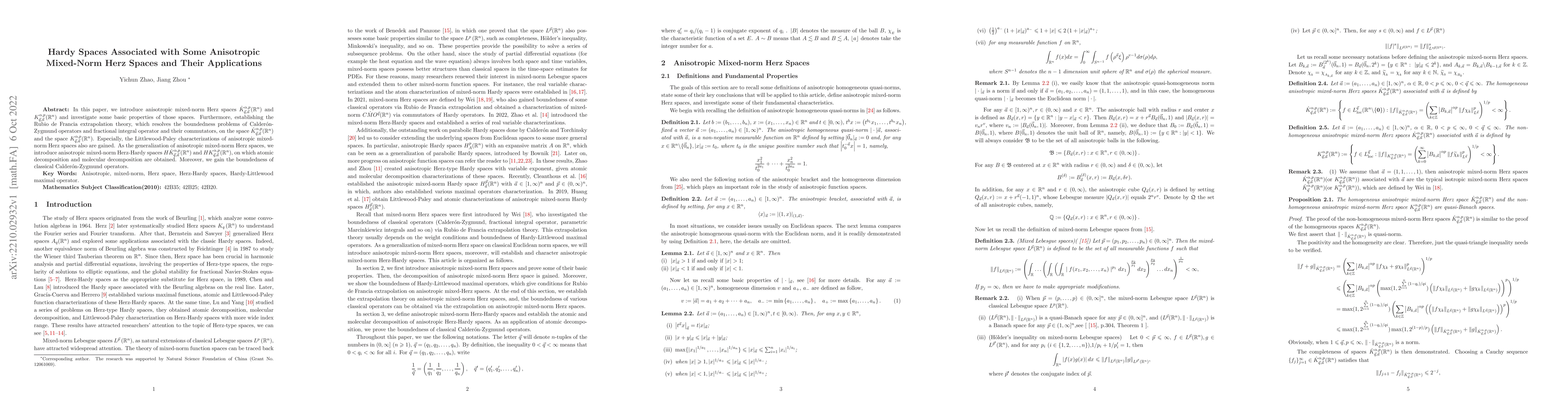 Thumbnail for Hardy Spaces Associated with Some Anisotropic Mixed-Norm Herz Spaces and
  Their Applications