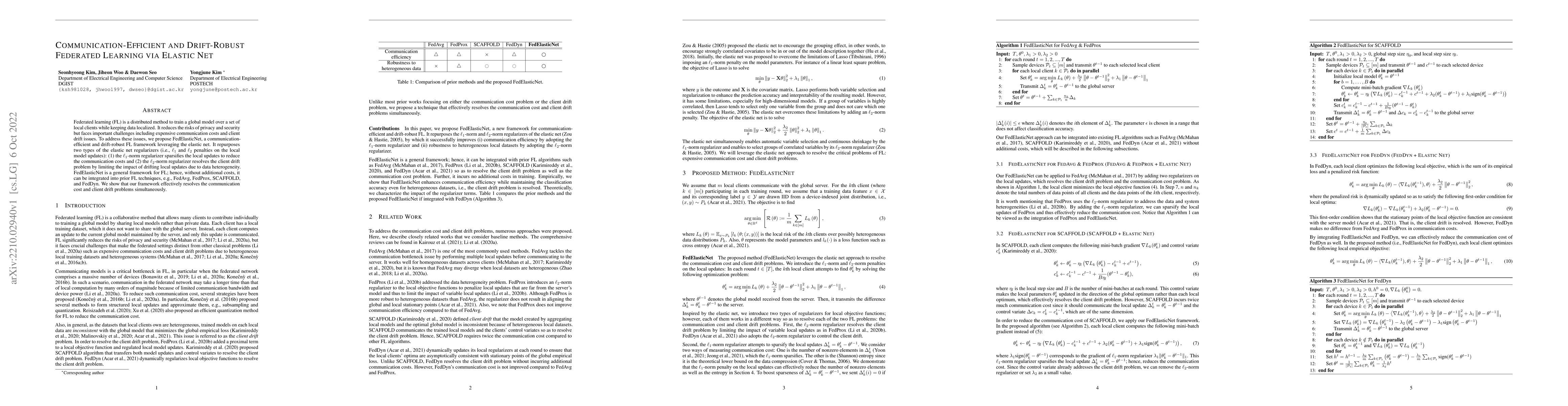 Thumbnail for Communication-Efficient and Drift-Robust Federated Learning via Elastic
  Net