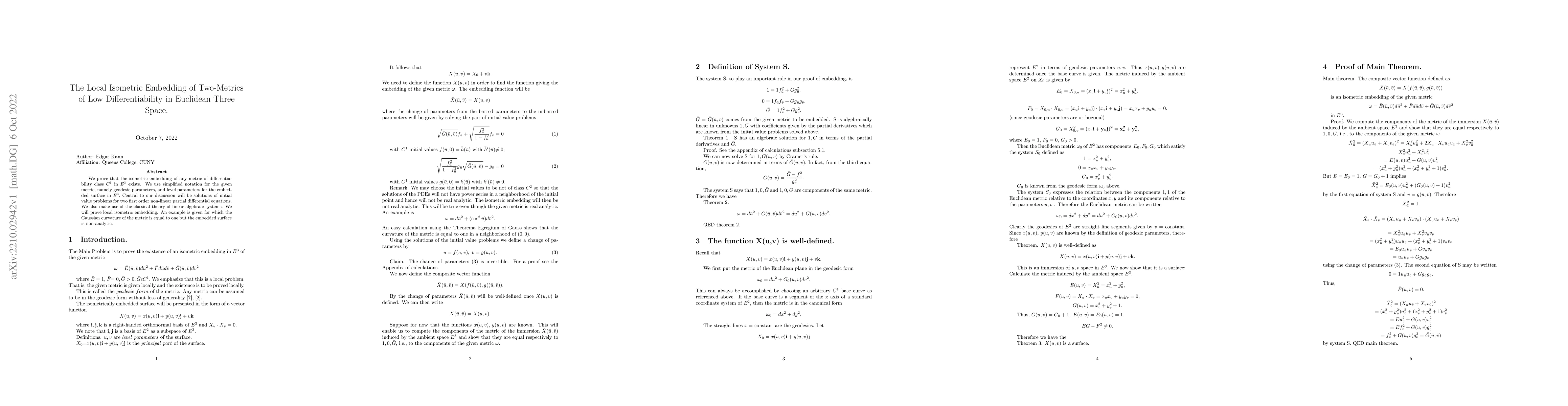 Thumbnail for The Local Isometric Embedding of Two-Metrics of Low Differentiability in
  Euclidean Three Space