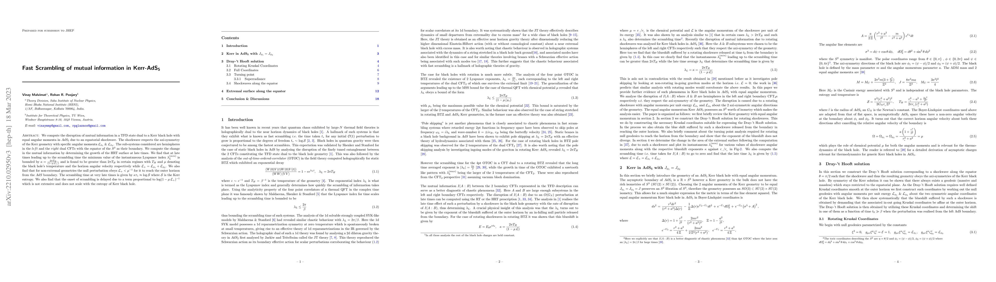 Thumbnail for Fast Scrambling of mutual information in Kerr-AdS$_{\textbf{5}}$