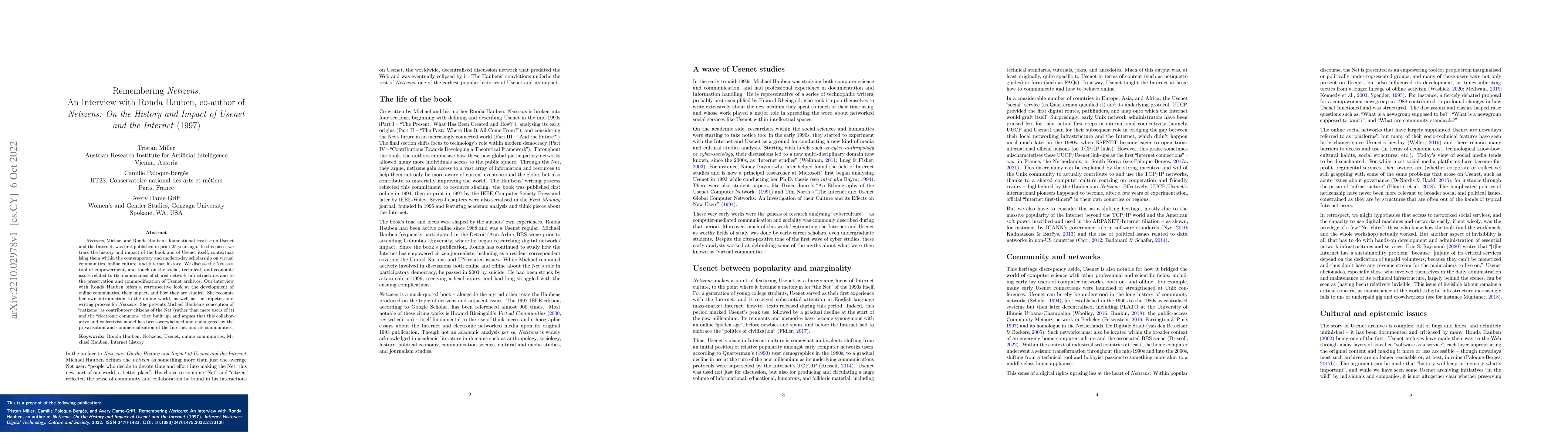 Thumbnail for Remembering Netizens: An interview with Ronda Hauben, co-author of
  Netizens: On the history and impact of Usenet and the Internet (1997)