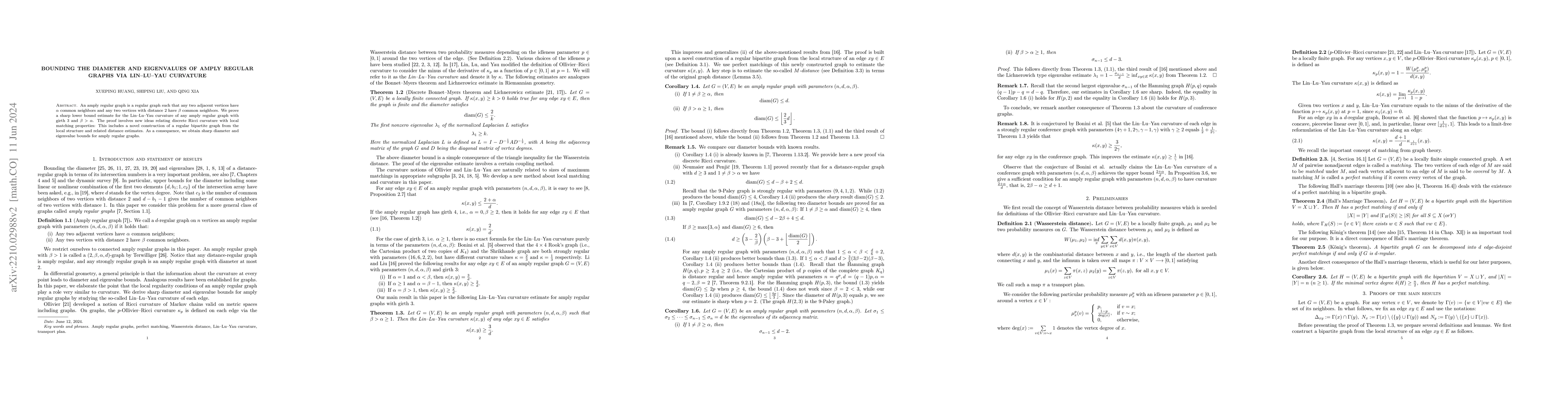 Thumbnail for Bounding the diameter and eigenvalues of amply regular graphs via
  Lin-Lu-Yau curvature
