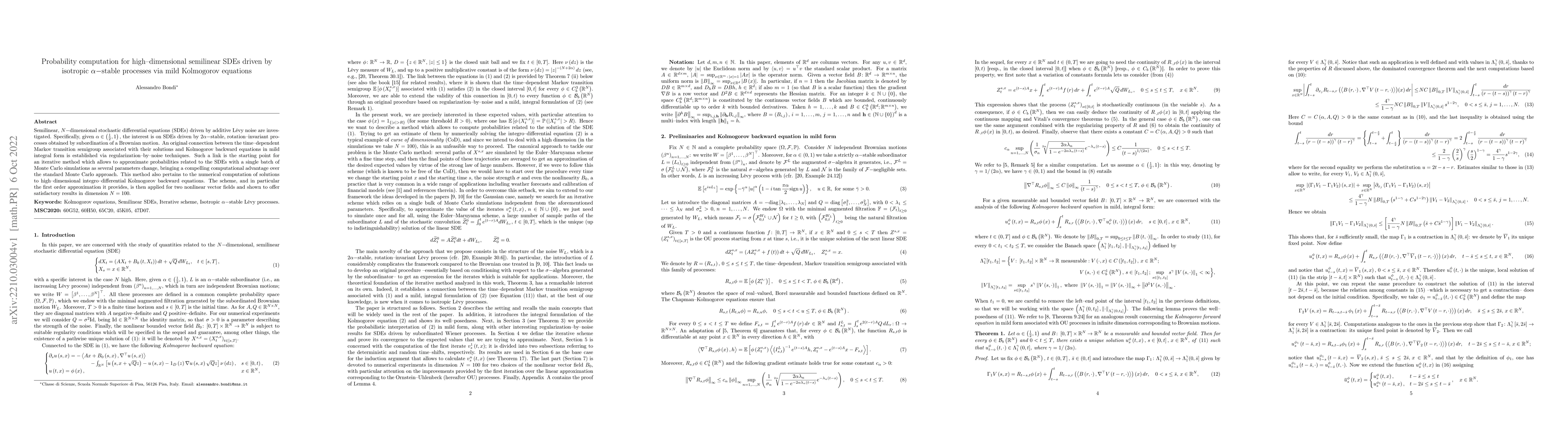 Thumbnail for Probability computation for high-dimensional semilinear SDEs driven by
  isotropic $\alpha-$stable processes via mild Kolmogorov equations