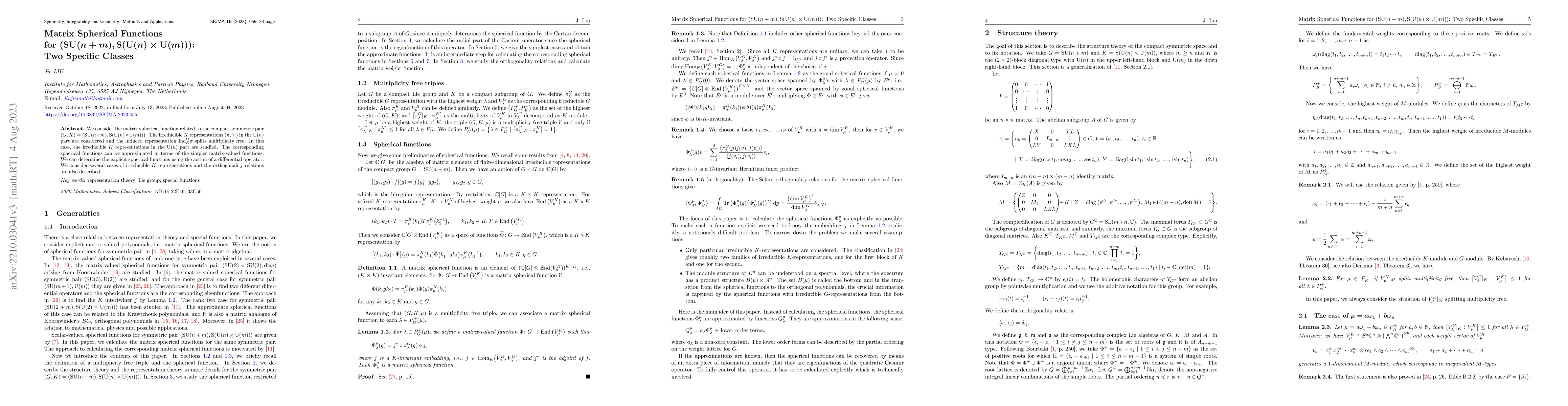 Thumbnail for Matrix Spherical Functions for
  $(\mathrm{SU}(n+m),\mathrm{S}(\mathrm{U}(n)\times \mathrm{U}(m)))$: Two
  Specific Classes