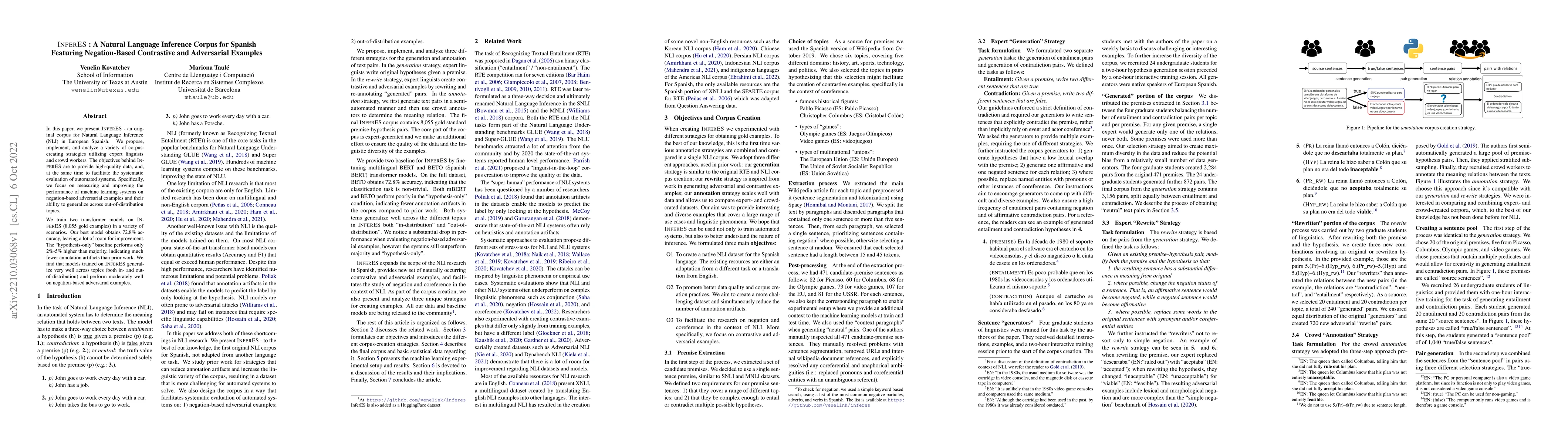 Thumbnail for InferES : A Natural Language Inference Corpus for Spanish Featuring
  Negation-Based Contrastive and Adversarial Examples