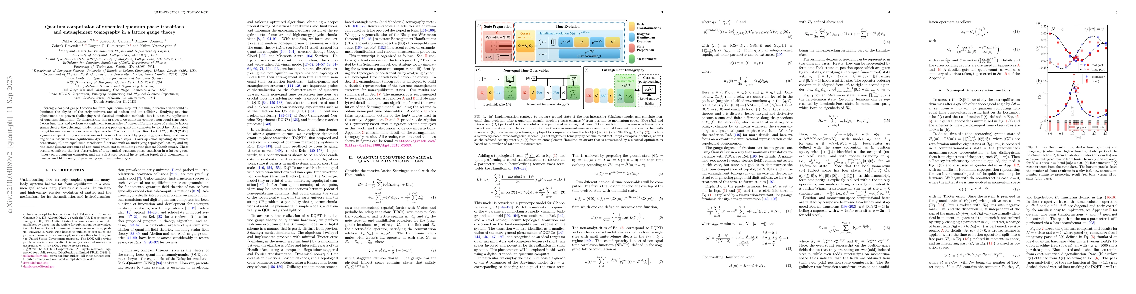 Thumbnail for Quantum computation of dynamical quantum phase transitions and
  entanglement tomography in a lattice gauge theory