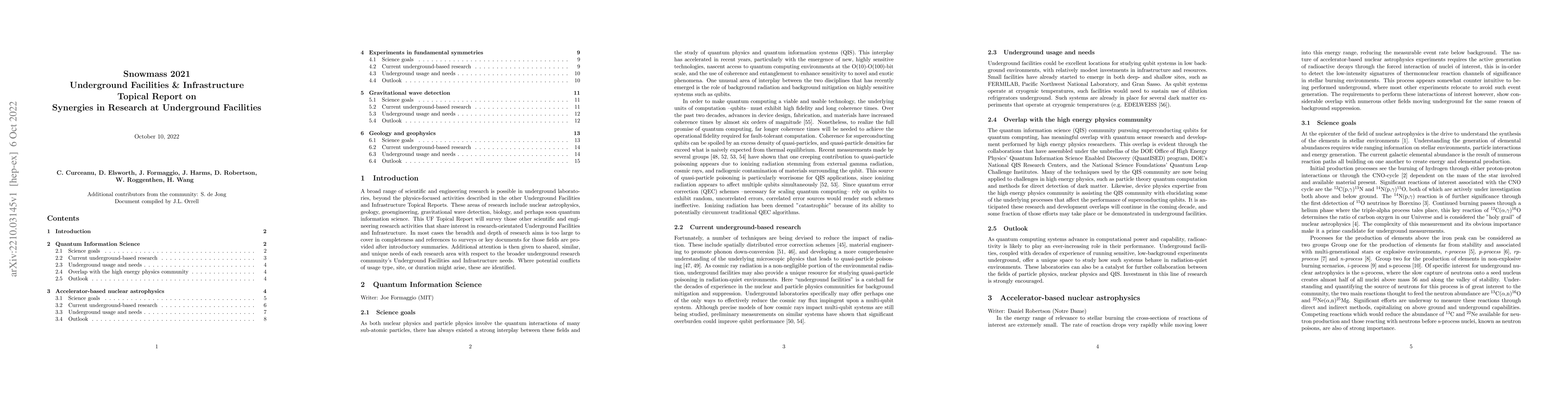 Thumbnail for Snowmass 2021 Topical Report on Synergies in Research at Underground
  Facilities