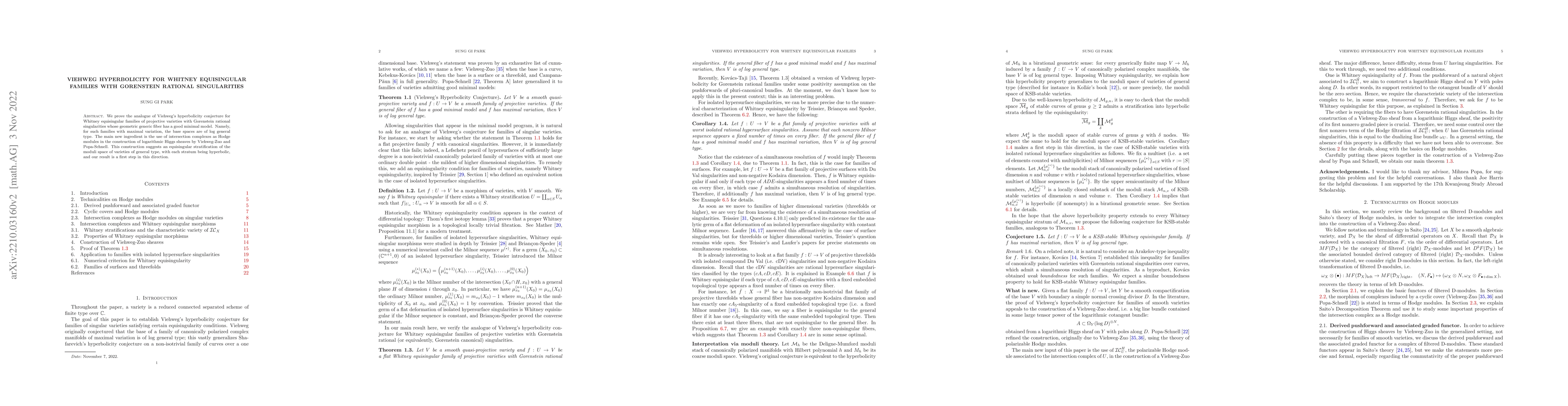 Thumbnail for Viehweg hyperbolicity for Whitney equisingular families with Gorenstein
  rational singularities