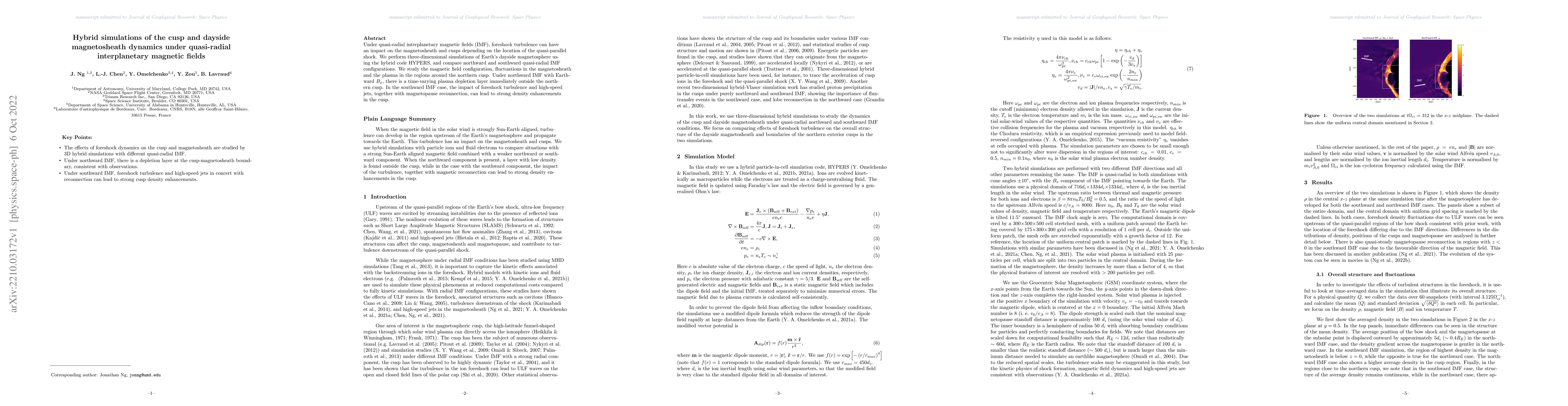 Thumbnail for Hybrid simulations of the cusp and dayside magnetosheath dynamics under
  \ quasi-radial interplanetary magnetic fields
