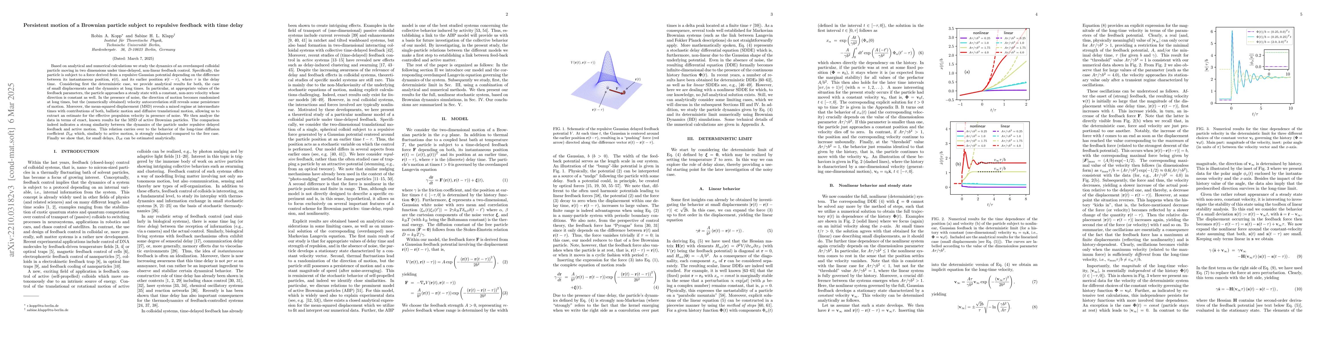 Thumbnail for Persistent motion of a Brownian particle subject to repulsive feedback
  with time delay