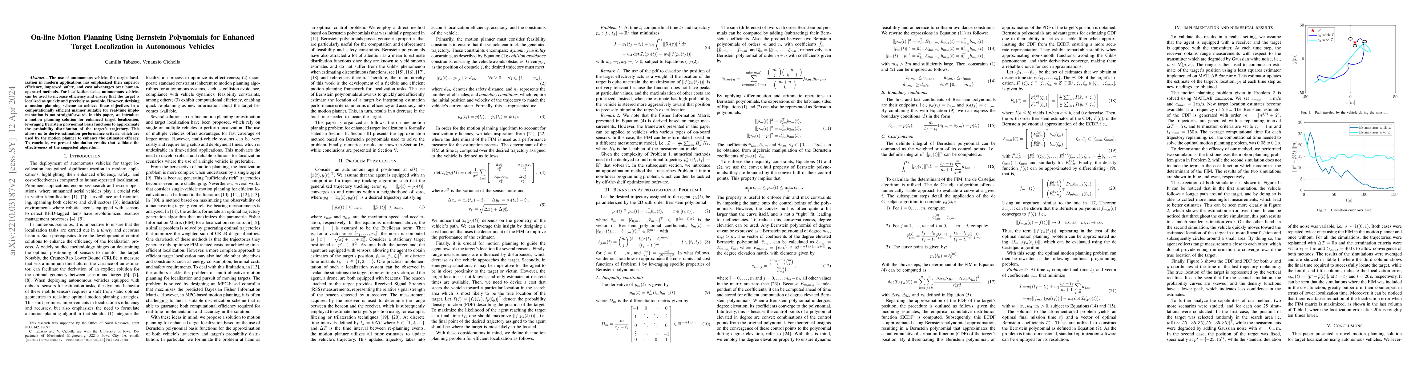 Thumbnail for On-line Motion Planning Using Bernstein Polynomials for Enhanced Target
  Localization in Autonomous Vehicles