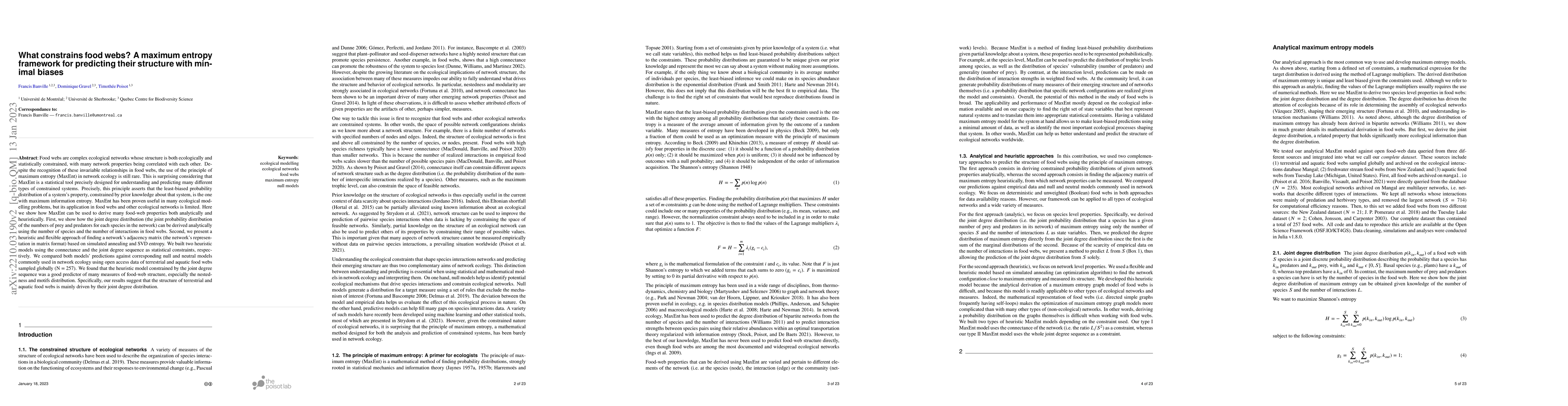 Thumbnail for What constrains food webs? A maximum entropy framework for predicting
  their structure with minimal biases