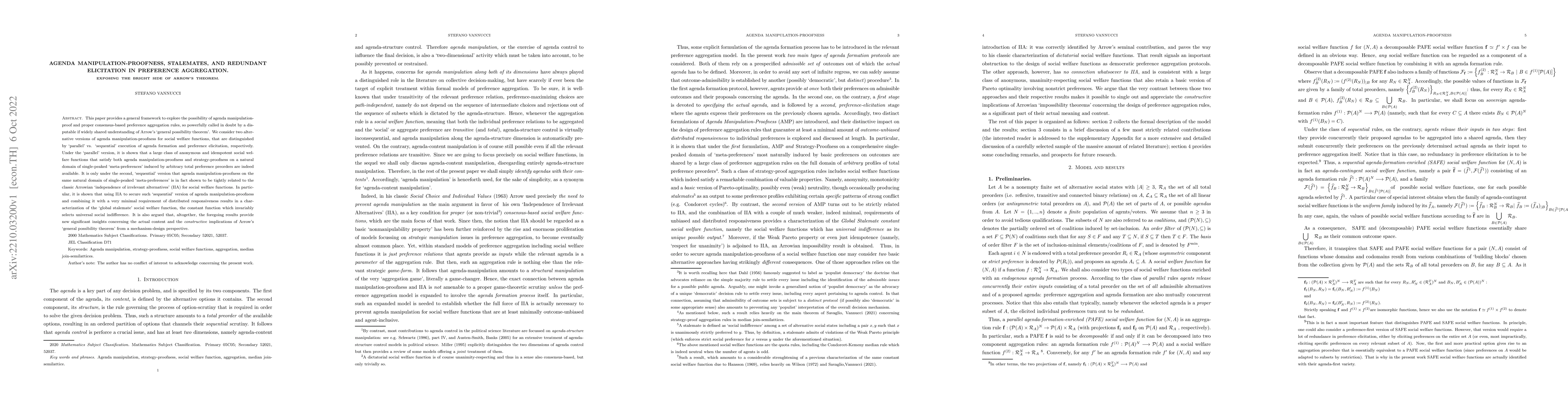 Thumbnail for Agenda manipulation-proofness, stalemates, and redundant elicitation in
  preference aggregation. Exposing the bright side of Arrow's theorem