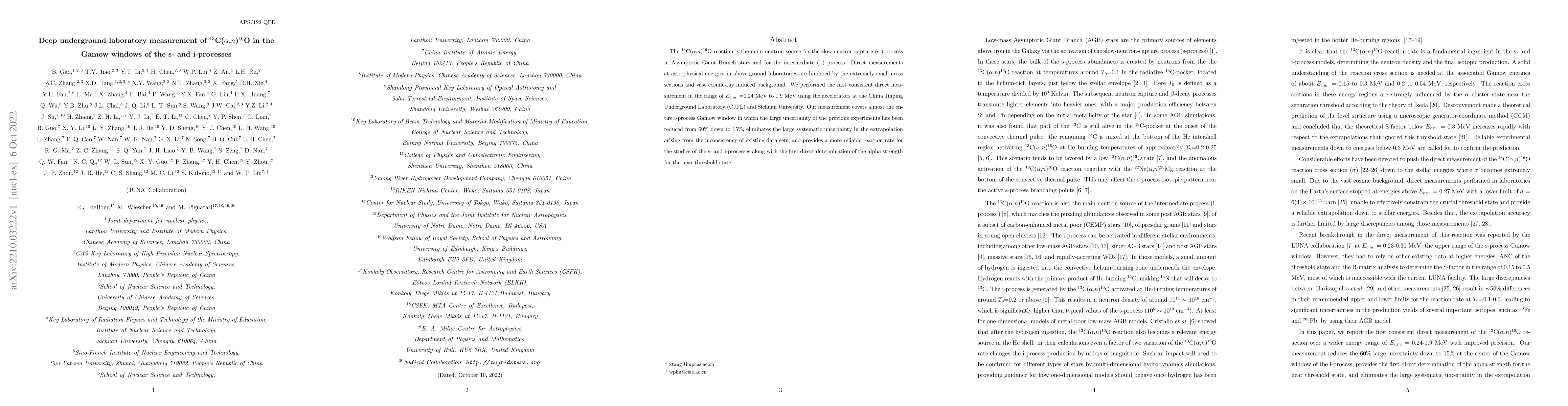 Thumbnail for Deep underground laboratory measurement of
  $^{13}$C($\alpha$,$n$)$^{16}$O in the Gamow windows of the $s$- and
  $i$-processes