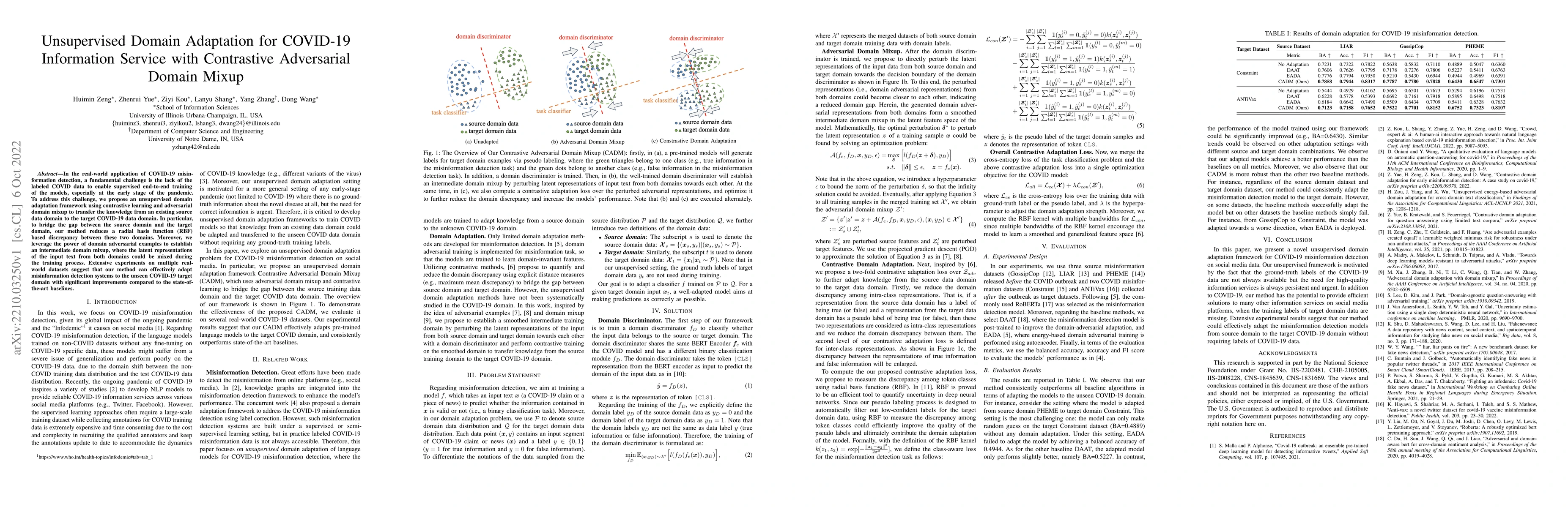 Thumbnail for Unsupervised Domain Adaptation for COVID-19 Information Service with
  Contrastive Adversarial Domain Mixup