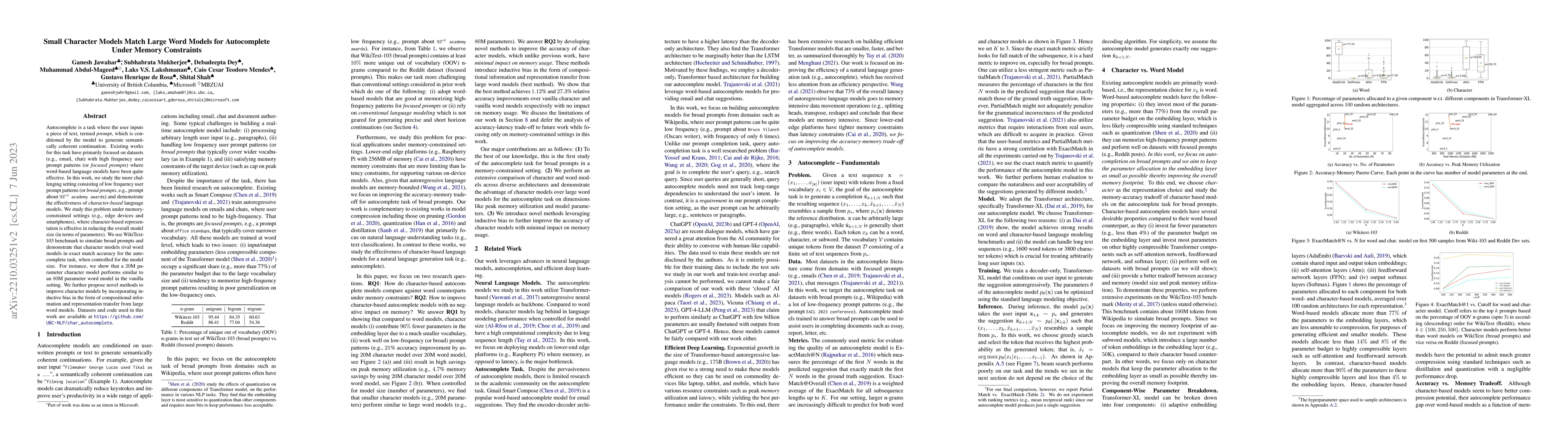 Thumbnail for Small Character Models Match Large Word Models for Autocomplete Under
  Memory Constraints