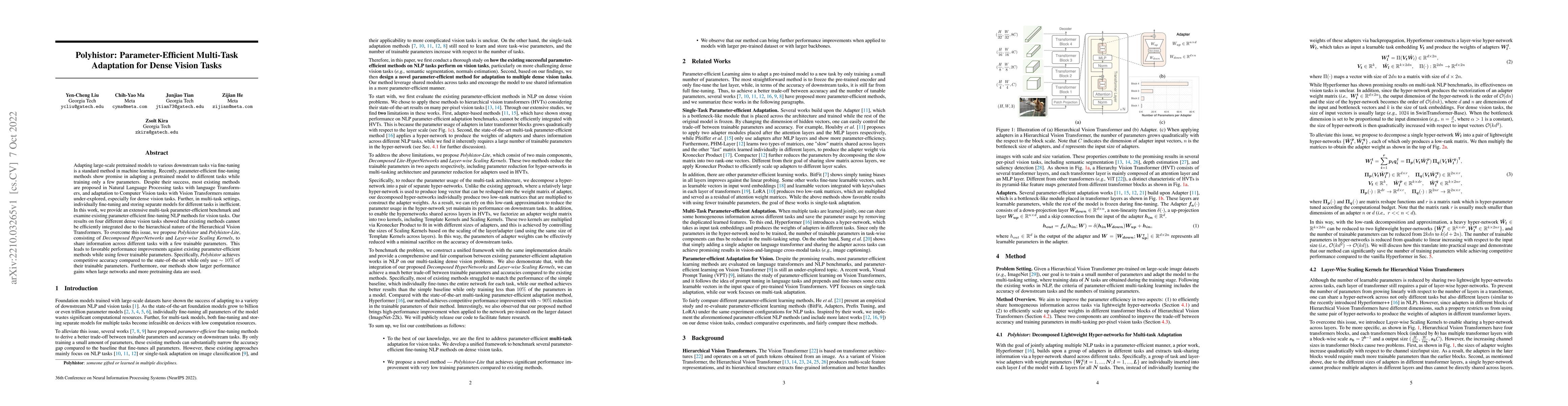 Thumbnail for Polyhistor: Parameter-Efficient Multi-Task Adaptation for Dense Vision
  Tasks