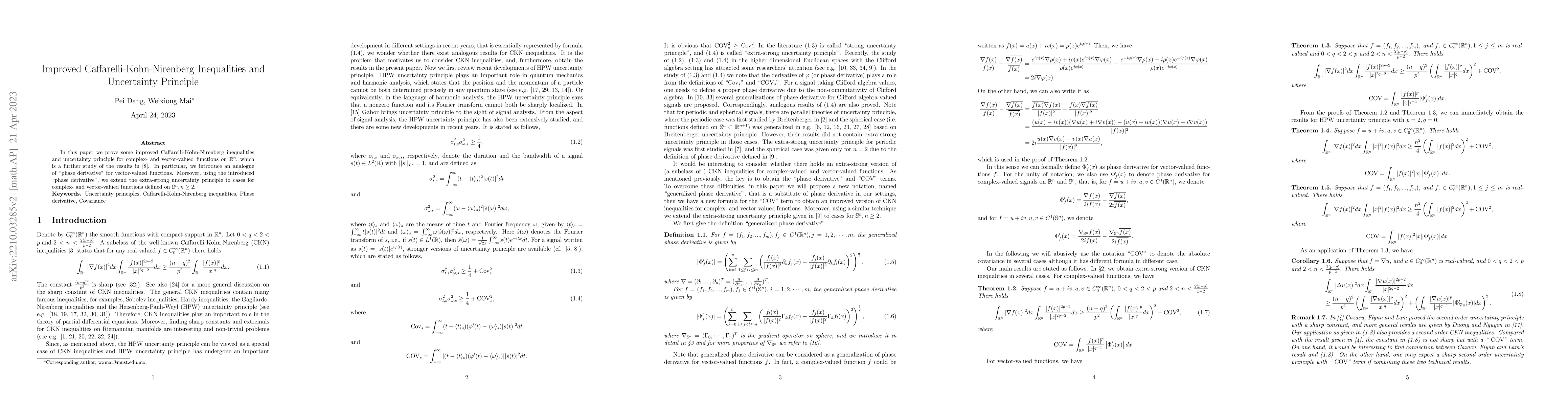 Thumbnail for Improved Caffarelli-Kohn-Nirenberg Inequalities and Uncertainty
  Principle