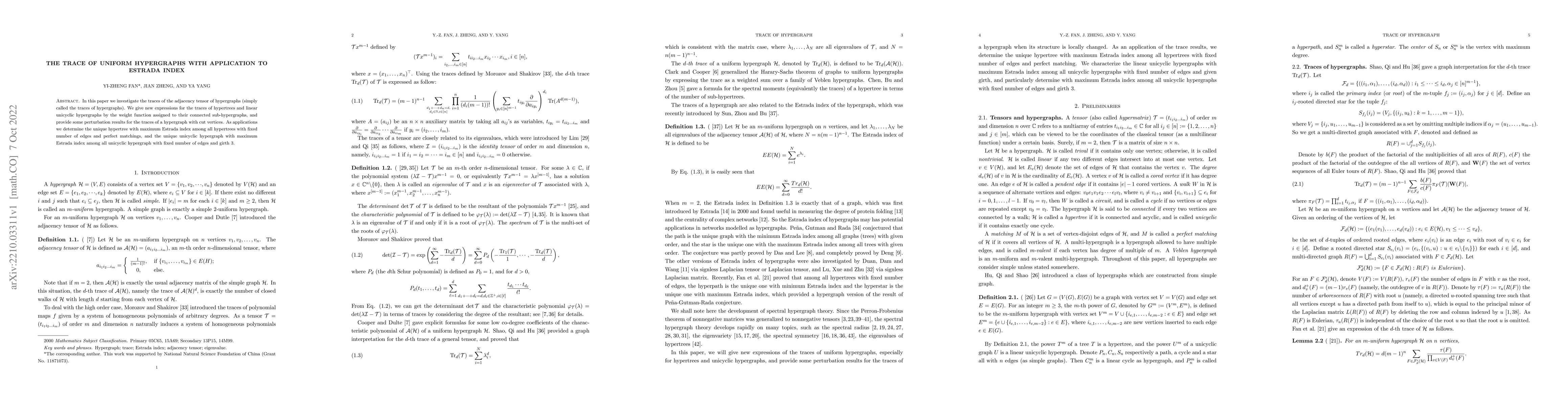 Thumbnail for The trace of uniform hypergraphs with application to Estrada index