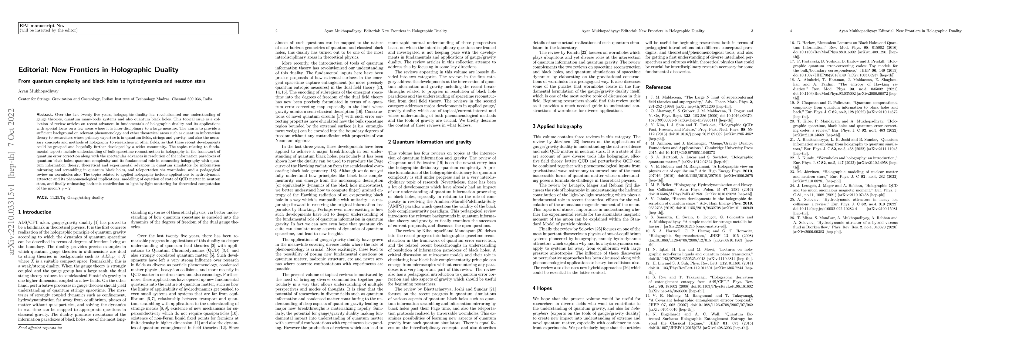 Thumbnail for Editorial: New Frontiers in Holographic Duality -- From quantum
  complexity and black holes to hydrodynamics and neutron stars