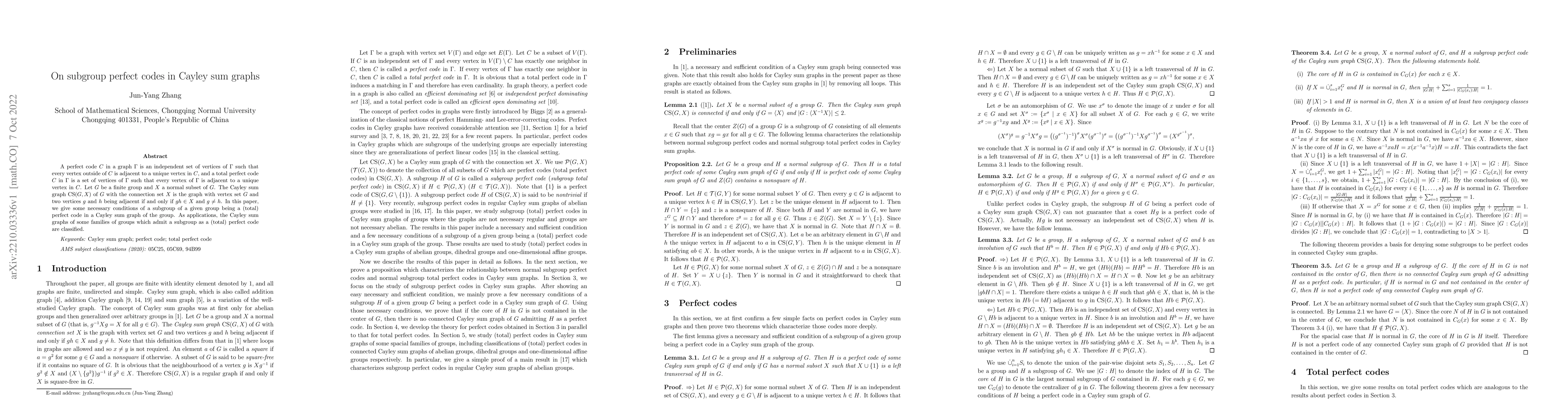 Thumbnail for On subgroup perfect codes in Cayley sum graphs