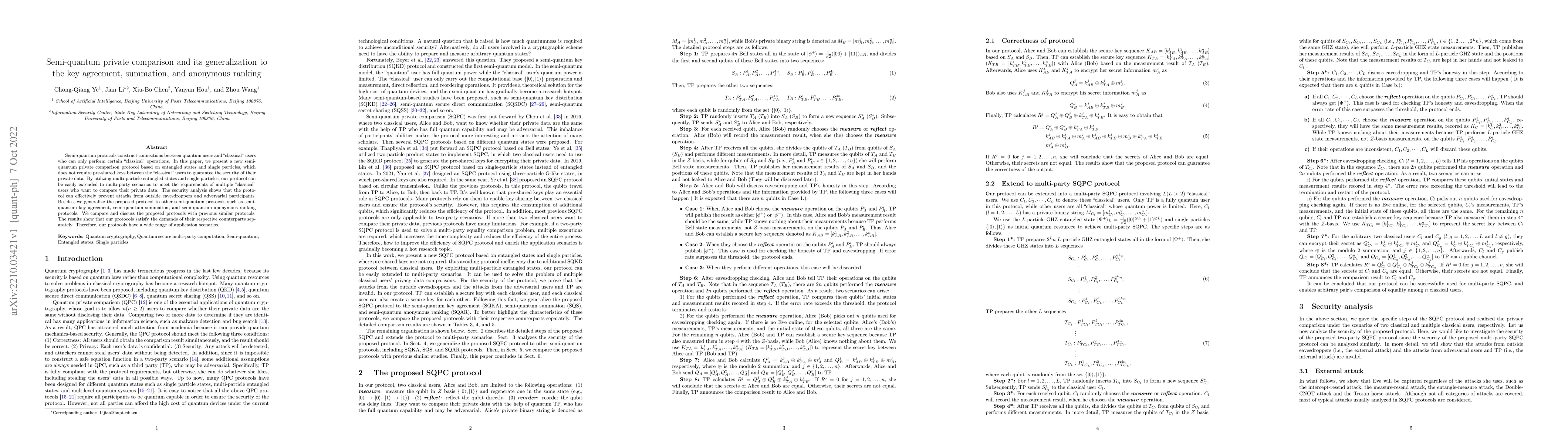 Thumbnail for Semi-quantum private comparison and its generalization to the key
  agreement, summation, and anonymous ranking